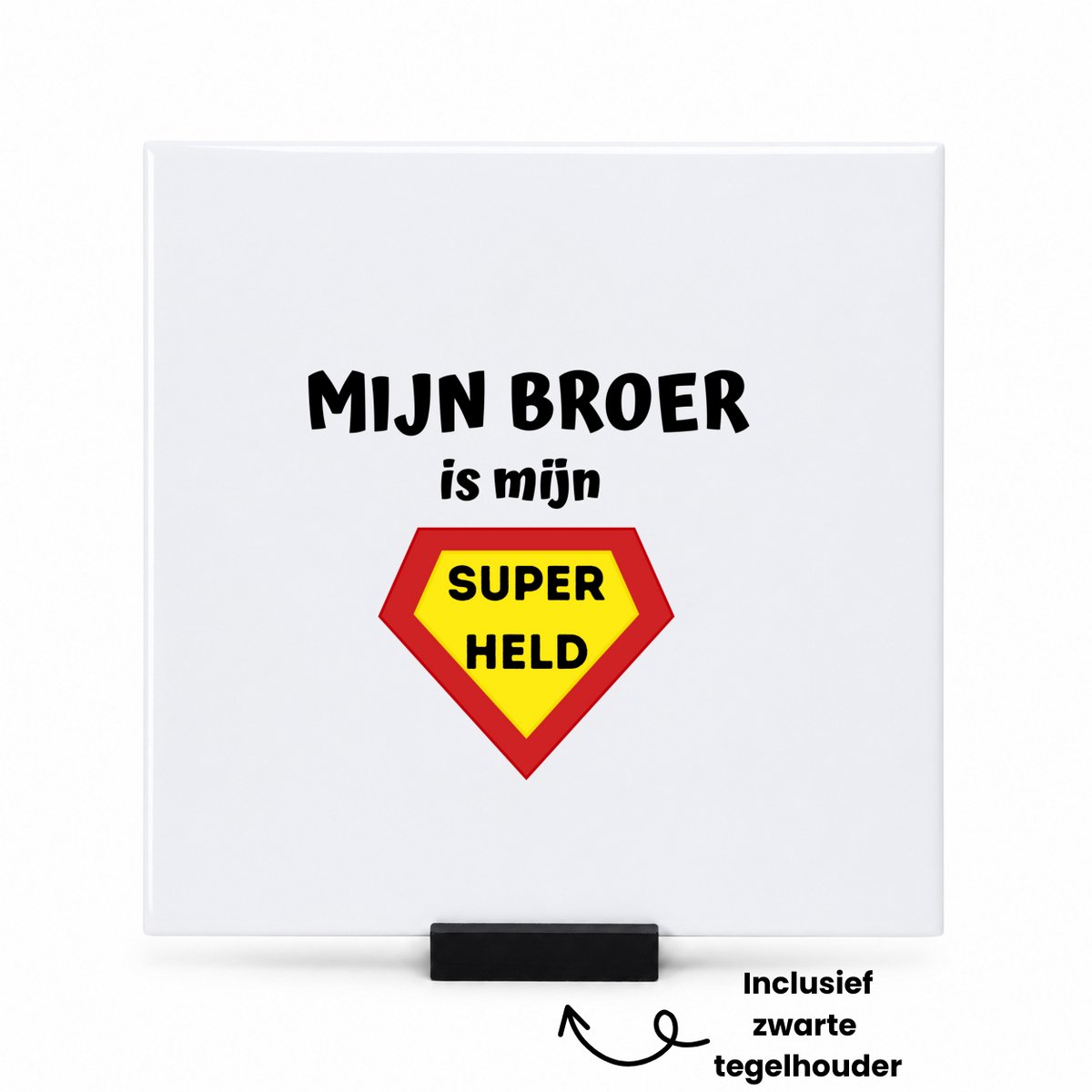 Hacebo mijn broer is mijn superheld tegeltje met tegelhouder - Broer - super broer - tegeltjes met tekst - verjaardag - cadeautje voor broer - broer artikelen - kado - geschenk - spreuktegels - 15x15 CM Wit