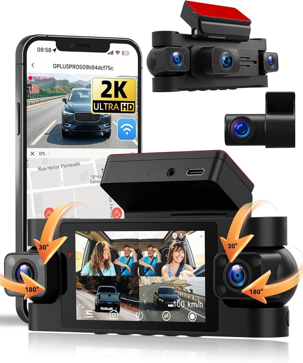 SnelShoppen - SIXWIN 2K Dashcam Auto met 3 Inch Display, 360° Rondom Zicht, 3 x 1080p Camera's, Wifi, Nachtzicht, G-sensor, App-bediening, 24/7 Parkee