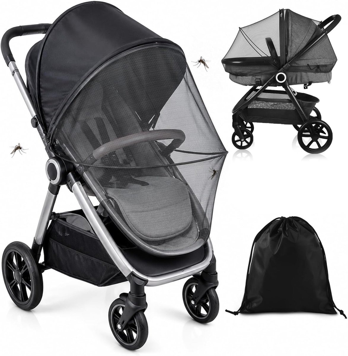 SnelShoppen - Muggennet voor Kinderwagen met Zonnezeil, 2-in-1 UV-Bescherming 50+, Ademend Insectenbescherming voor Buggy en Kinderwagen, Perfect voor
