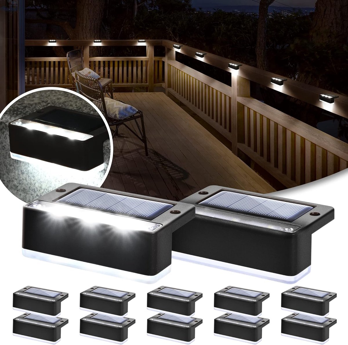 SnelShoppen - 12 Stuks Buiten Solar Lichten Koud Wit Waterproof LED Tuin Verlichting voor Trappen, Tuin, Patio, Omheining en Decoratie (Zwart)