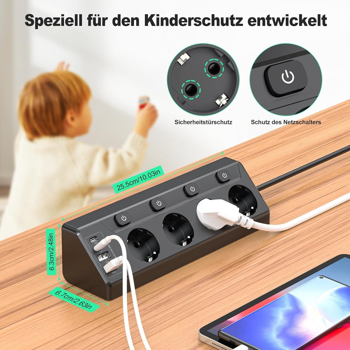 SnelShoppen - 4-Weg Stekkerdoos met USB en Type-C, 8-in-1 Wandcontactdoos met Schakelaar, 2m Kabel, Zwart, Ideaal voor Smartphones, Tablets, Thuisgebr