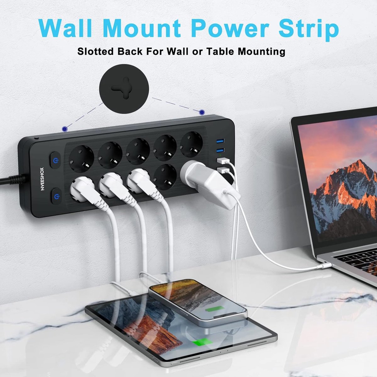 SnelShoppen - Power Strip 10 Sockets met 4 USB Poorten, 16A/4000W, Schakelbare Stopcontacten, Overspanningsbeveiliging, 2m Kabel voor Thuis en Kantoor