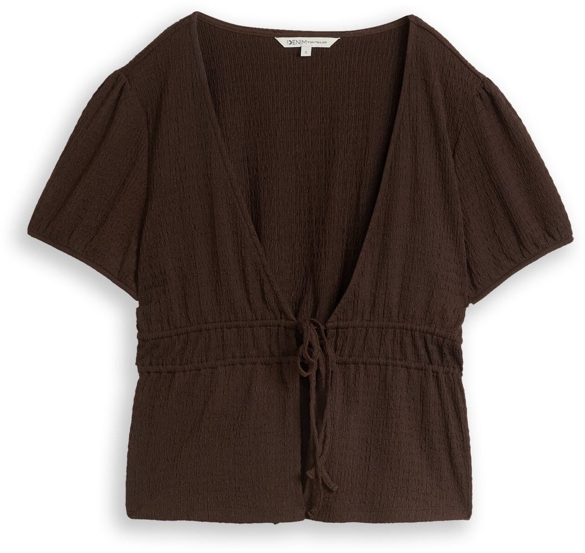 Tom Tailor Denim - Crinkle bolero-blouse met strikken - Maat S - cool dark brown
