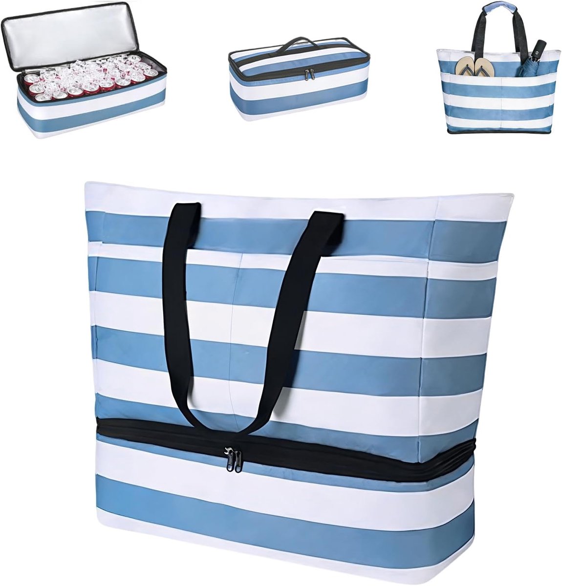 Thijox - XXL Strandtas met Koelvak, Vouwbare Waterdichte Strandtas voor Familie en Vrienden, Blauw-Wit Gestreept, Ideaal voor Strand, Picknick en Spor