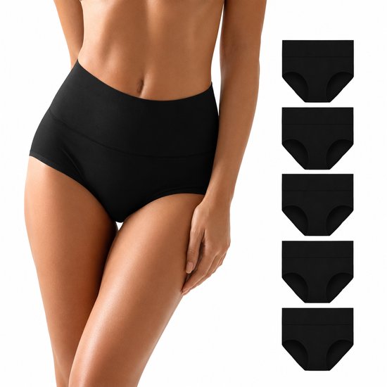 Zwarte damesonderbroek met hoge taille op een model, naast een stapel van vier identieke broeken.