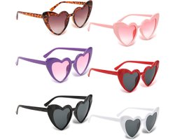 Thijox - 6 stuks hartvormige zonnebril voor dames, vintage hippiefeestbril, anti-UV400, kleurrijke hartvormige brillen voor bruiloft, carnaval, vakant