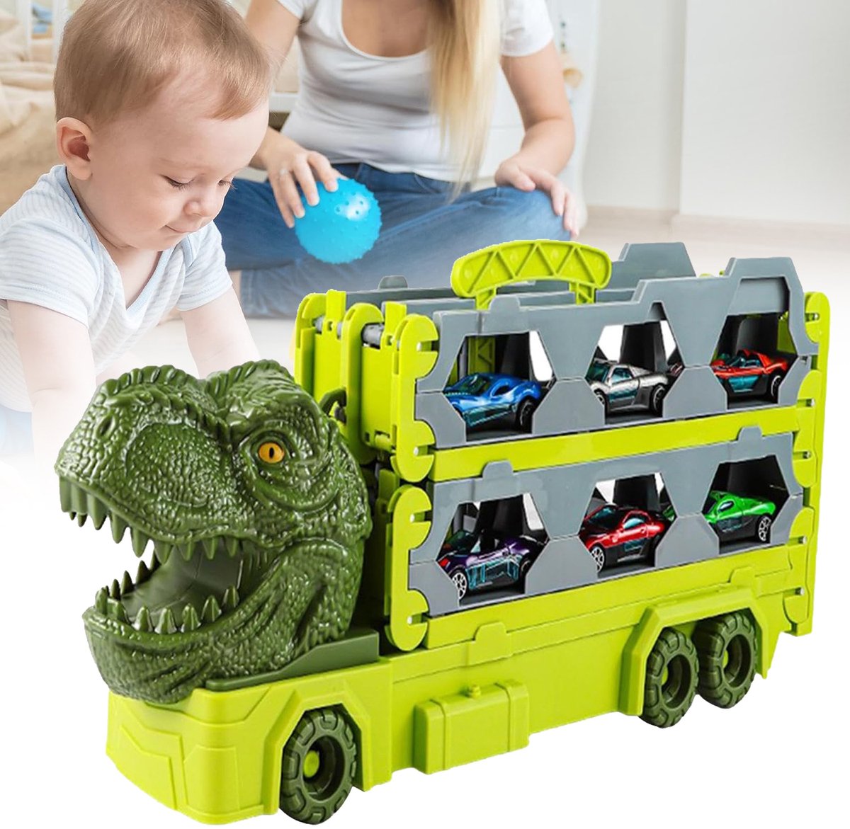 Transportvrachtwagen Speelgoedauto's - Dinosaurus Racetruck Speelgoedauto - Speelgoedset Met Vrachtwagens En Voertuigen Voor Kinderen