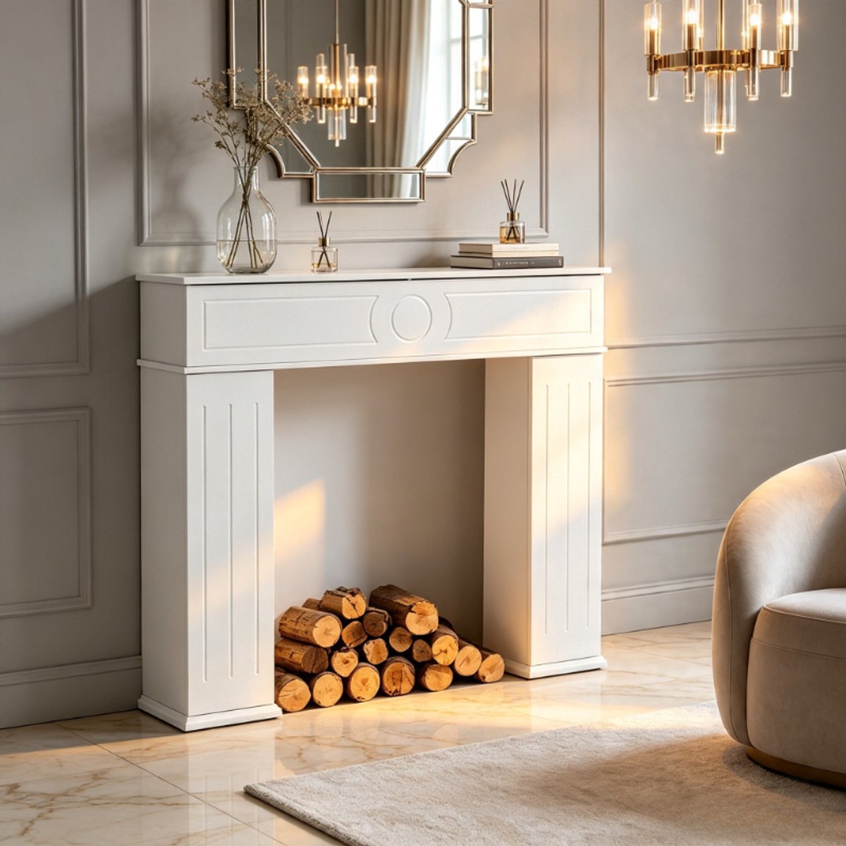 Haardmeubel 107x18x100,4 cm, woonkamerkast met 3 deuren, opbergkast met opbergruimte, modern dressoir van mdf, witte kast