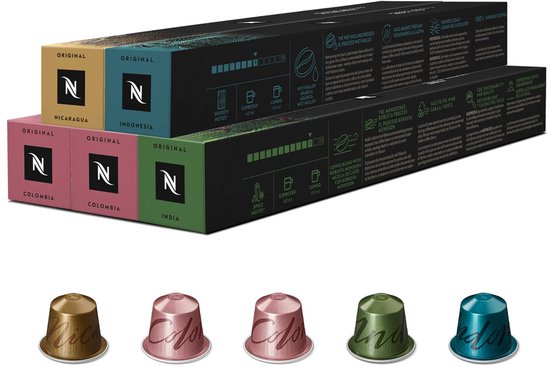 Nespresso Original koffiecups: Nicaragua, Colombia, Indonesië, India. Rode, groene en blauwe cups.