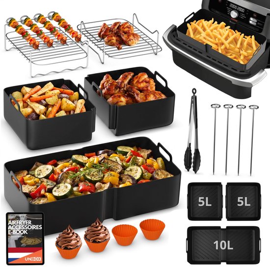 Airfryer accessoires set voor dubbele lade heteluchtfriteuse met siliconen bakvormen, grillrooster en spiesen