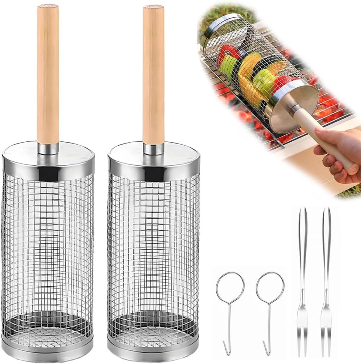 Ulisem - BBQ Grillmand Set 2 Stuks – Rollende Grillmand – 304 Roestvrij Staal – Barbecue Groentemand – Grillkorf voor Vlees, Vis, Garnalen & Groenten – Herbruikbaar