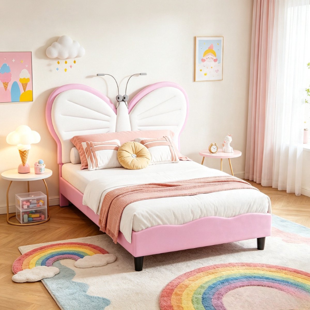 Kinderbed 90x200 cm met leeslamp, eenpersoonsbed voor kinderen met vlinder hoofdbord, gestoffeerd junior bed met verstelbaar hoofdbord, fluwelen bed in wit roze, zonder matras