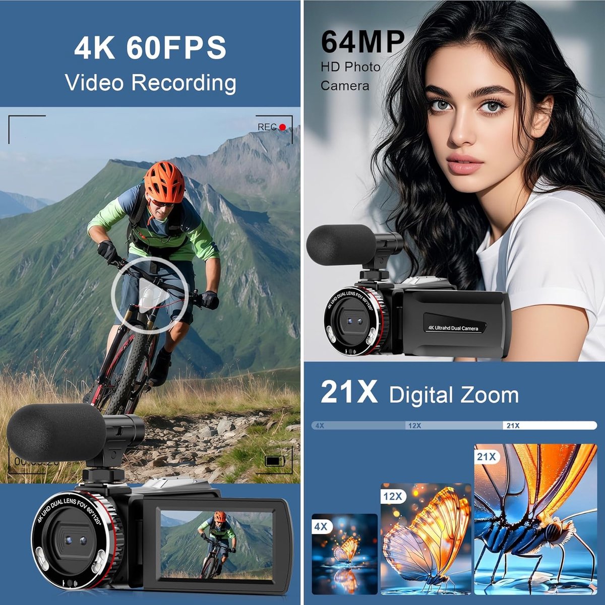 SnelShoppen - 4K videocamera 64 MP Digitale Camcorder 60 FPS met Stabilisatie, Draagbare Vlogging Camera voor YouTube, Inclusief Microfoon, 2 Batterij thumbnail 2