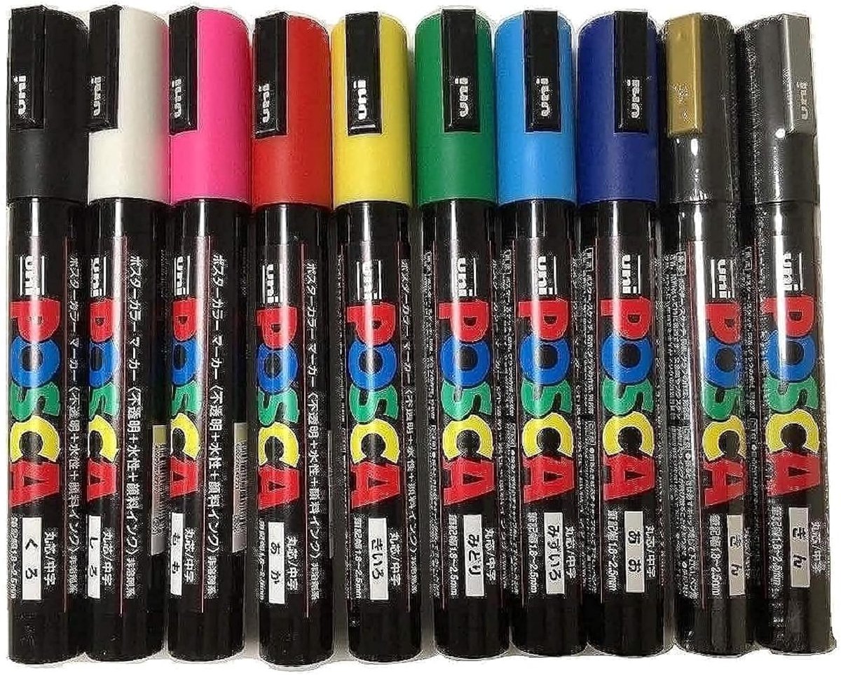 SnelShoppen - Posca PC-5M Marker Set van 10 Stuks - Waterdichte, Opaak, Kleurpotlood voor Creatieve Projecten, Kunst, Handlettering, School, Feest, Tu
