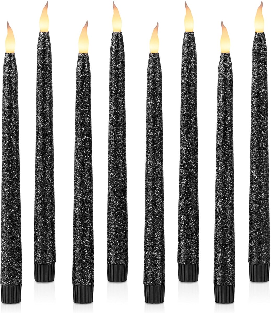 SnelShoppen - Set van 8 Zwarte Glitter Vlamloze Conische Kaarsen 28 cm met Timerfunctie - Decoratieve Kaarsen op Batterijen voor Halloween en Feestdag
