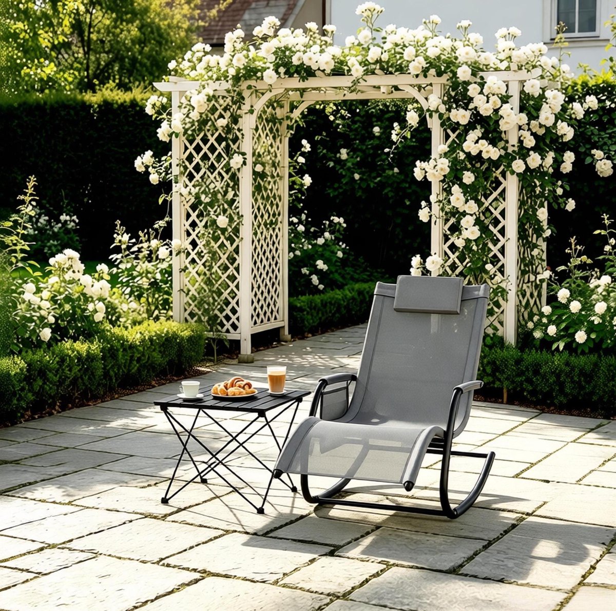 FloraGrace Ligbed 152 x 62 cm - Schommelende Ligstoel Met Zijvak En Hoofdkussen - Voor Tuin Balkon En Terras - Metaal En Polyester - Grijs