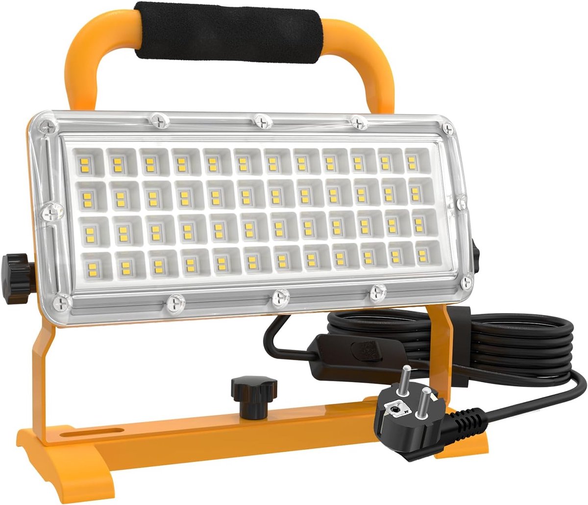 SnelShoppen - LED Bouwlamp 50W 4800 Lumen, Draagbare Werklamp met 3m Kabel en Schakelaar, IP67 Waterdicht, Perfect voor Werkplaats, Bouwplaats en Gara