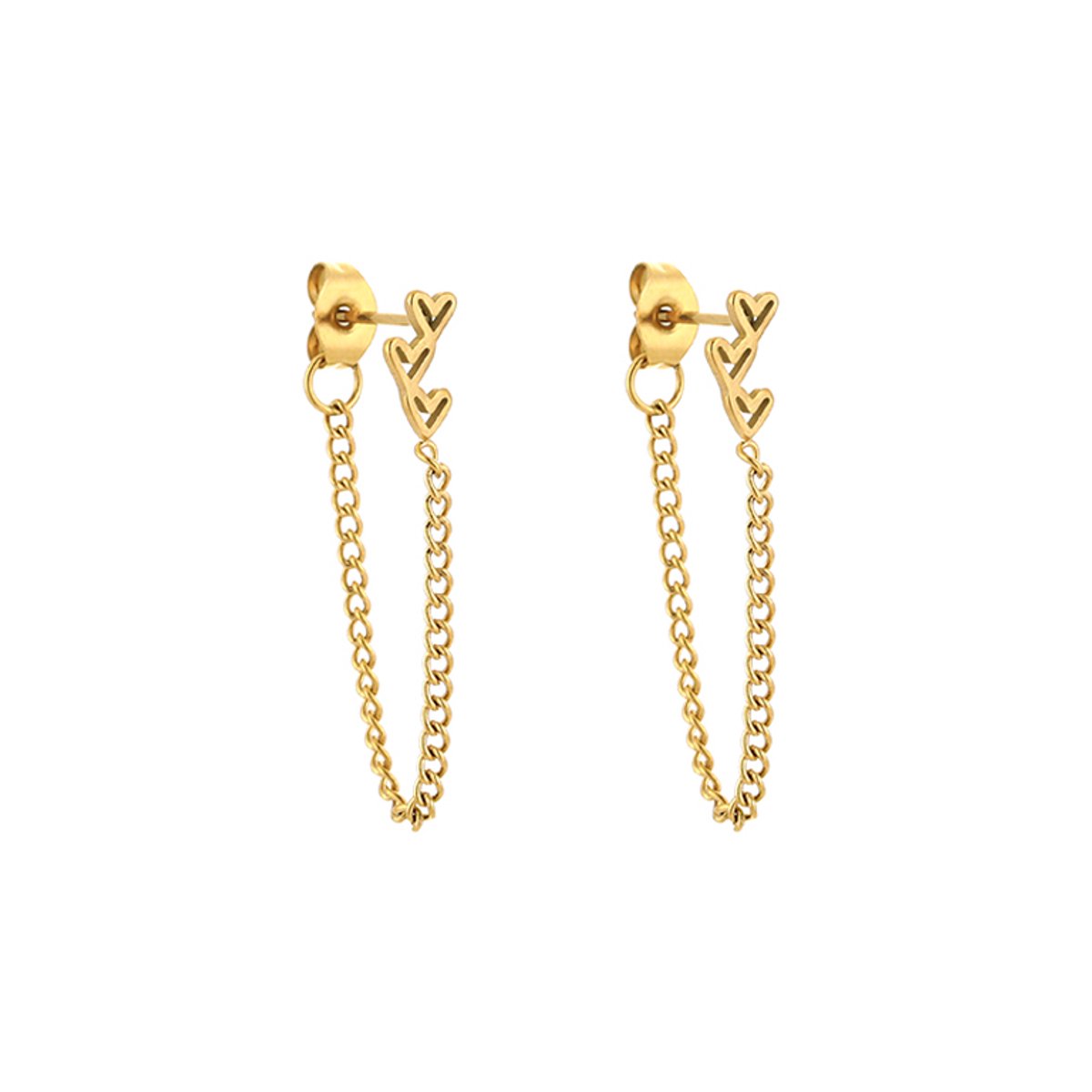 Stainless Steel Oorsteker met Ketting – Minimalistische & Stoere Pijloorbellen - RVS - Goud