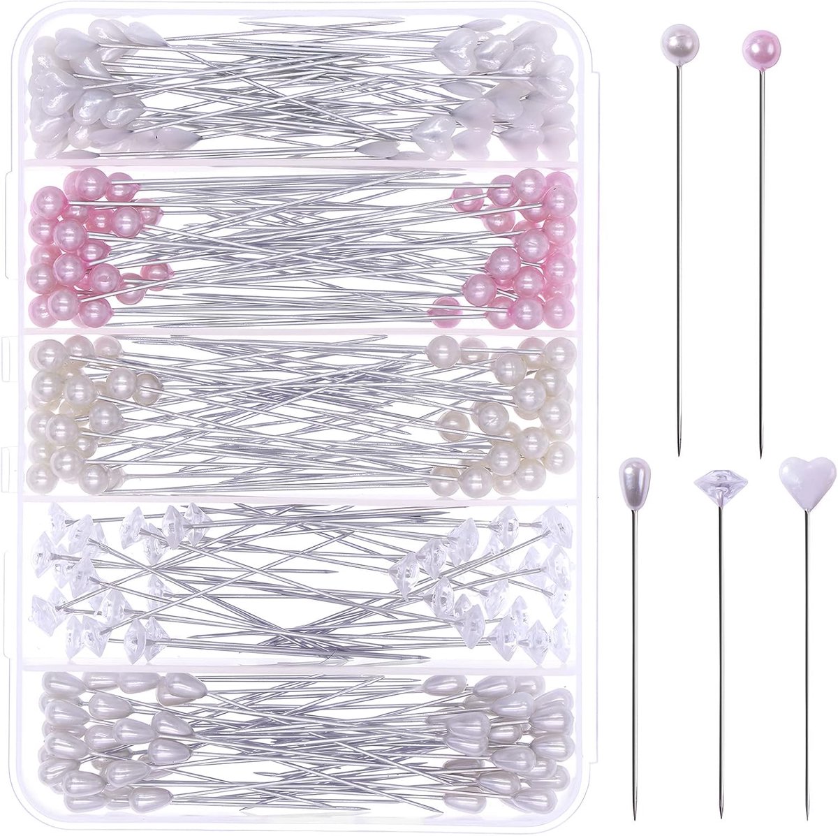 SnelShoppen - 240 Pcs Flower Pins - DIY Craft Naalden met Pareloog, 5 Stijlen voor Sieraden Maken, Bruiloft Decoraties, Kleur: Wit, Roze, Kristal, Har