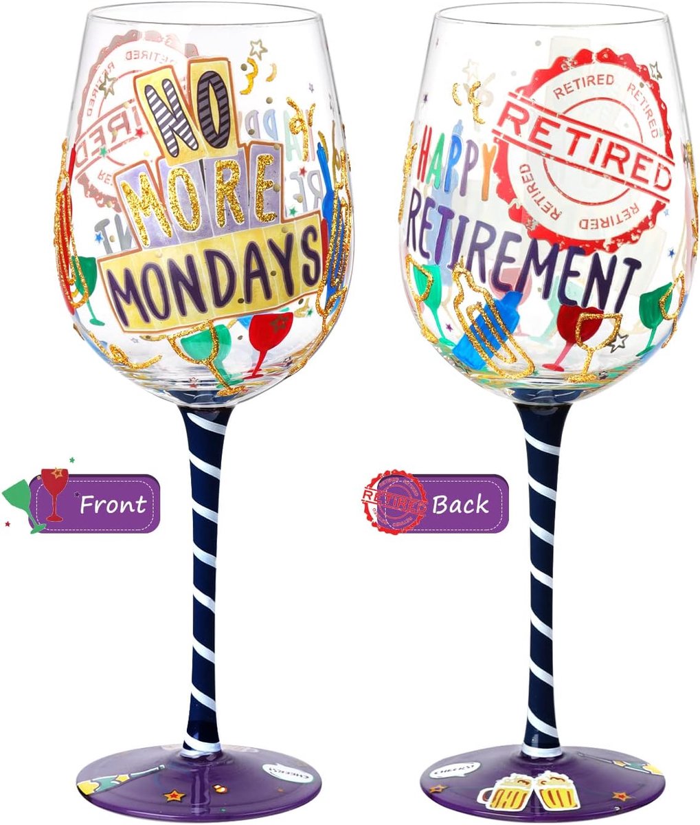 SnelShoppen - Handgeschilderde Wijn Glas 15oz Gelukkige Gepensioneerde Leven Artisan Wijn Glazen voor Vrienden, Uniek Cadeau voor Feesten en Speciale
