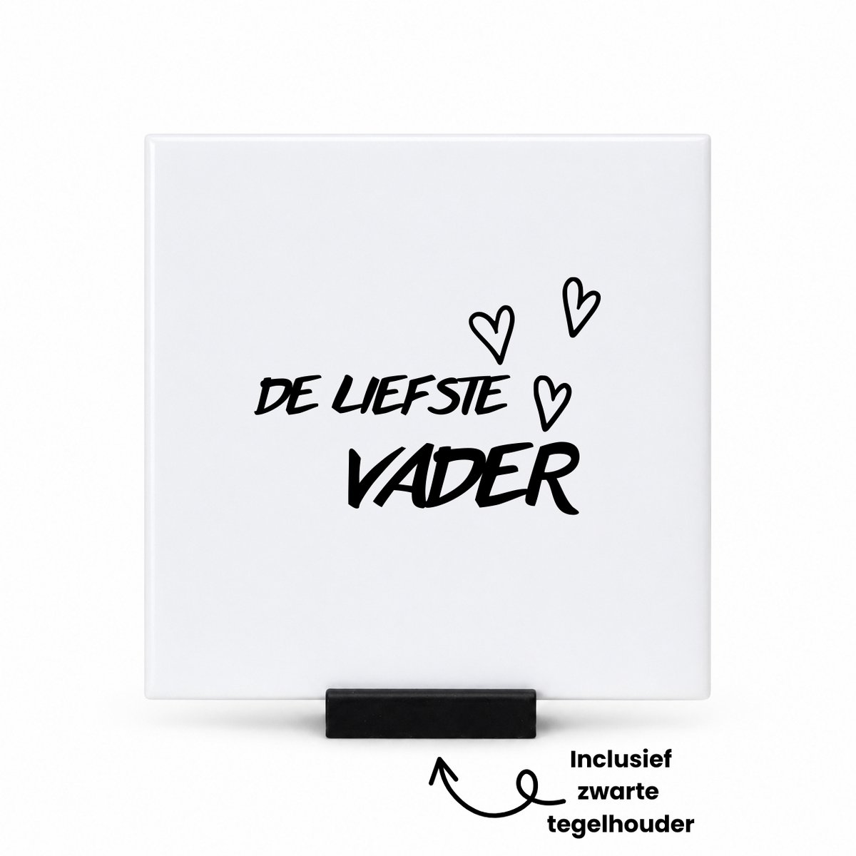 Hacebo De liefste vader met 3 zwarte hartjes tegeltje met tegelhouder - Vader - Liefste vader - tegeltjes met tekst - Vaderdag cadeautje - Cadeau voor papa - Verjaardag - Geschenk - Cadeau - Gift - spreuktegels - 10.8x10.8 CM Wit