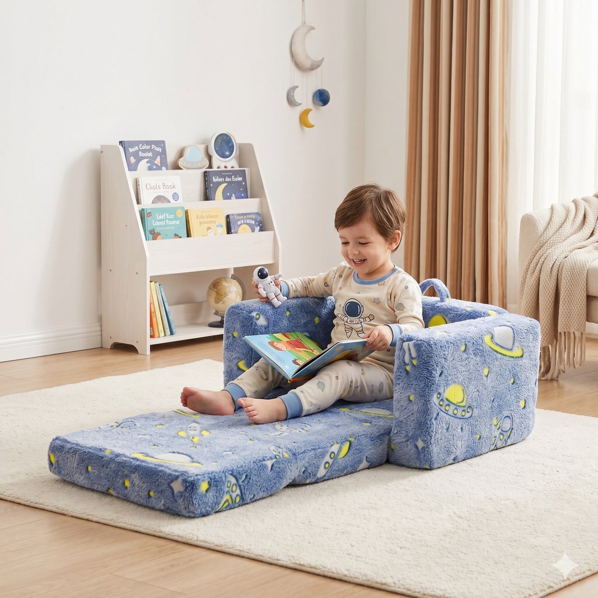 STILVORA Kinderfauteuil Compact Formaat - Opklapbaar Met Lichtgevend Ruimtepatroon En Afneembare Hoes - Voor Kinderkamer - Stof Blauw
