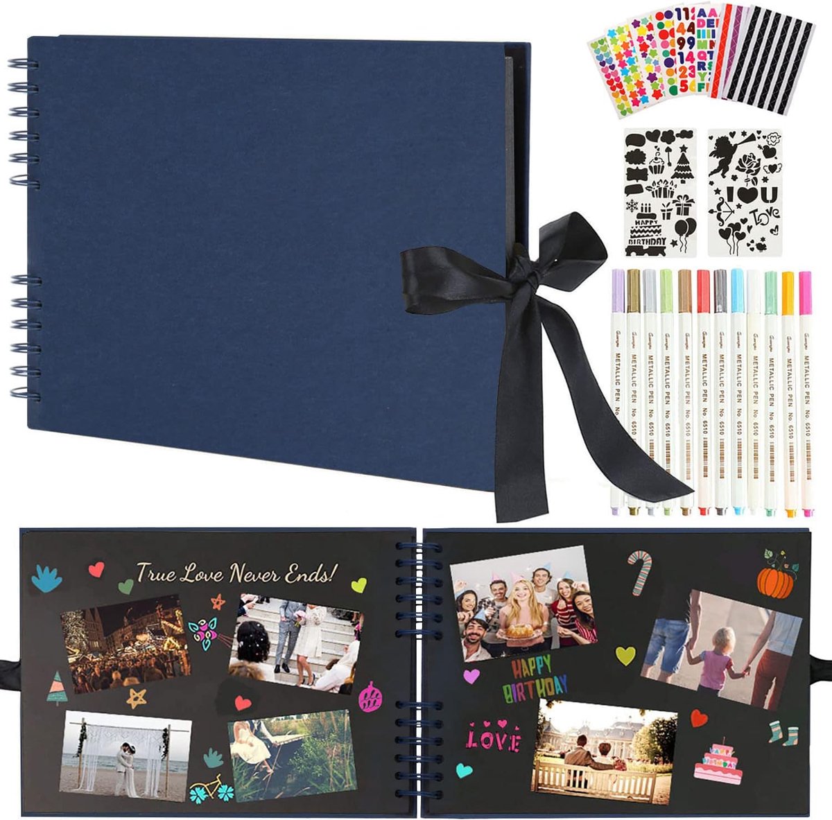 SnelShoppen - DIY Fotoalbum met 80 Zwarte Pagina's, Vintage Scrapbook met 12 Kleurpotloden, Perfect als Verjaardagscadeau, Afgestudeerd Geschenk, Huwe