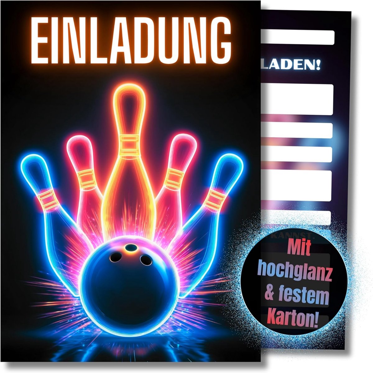 SnelShoppen - Bowling Uitnodigingskaarten voor Kinderverjaardag, Set van 12, DIN A6, Neon Kleur, Perfect voor Feestjes, Kinderen, Bowlen, Avontuur