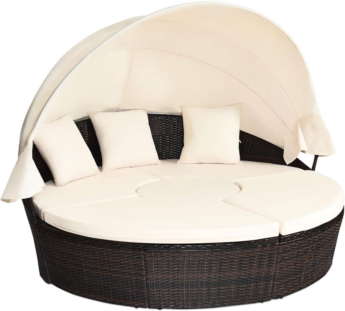 COSTWAY Rotan zonne-eiland met opvouwbaar zonnedak, polyrotan lounge set incl. kussens & in hoogte verstelbare salontafel, outdoor zonnebed ligstoel, voor tuin terras veranda (beige)
