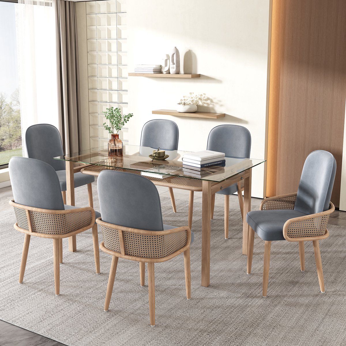 COVREO Eetkamerstoel 90 x 45 cm - velvet, rattan design, grijs, set van 6