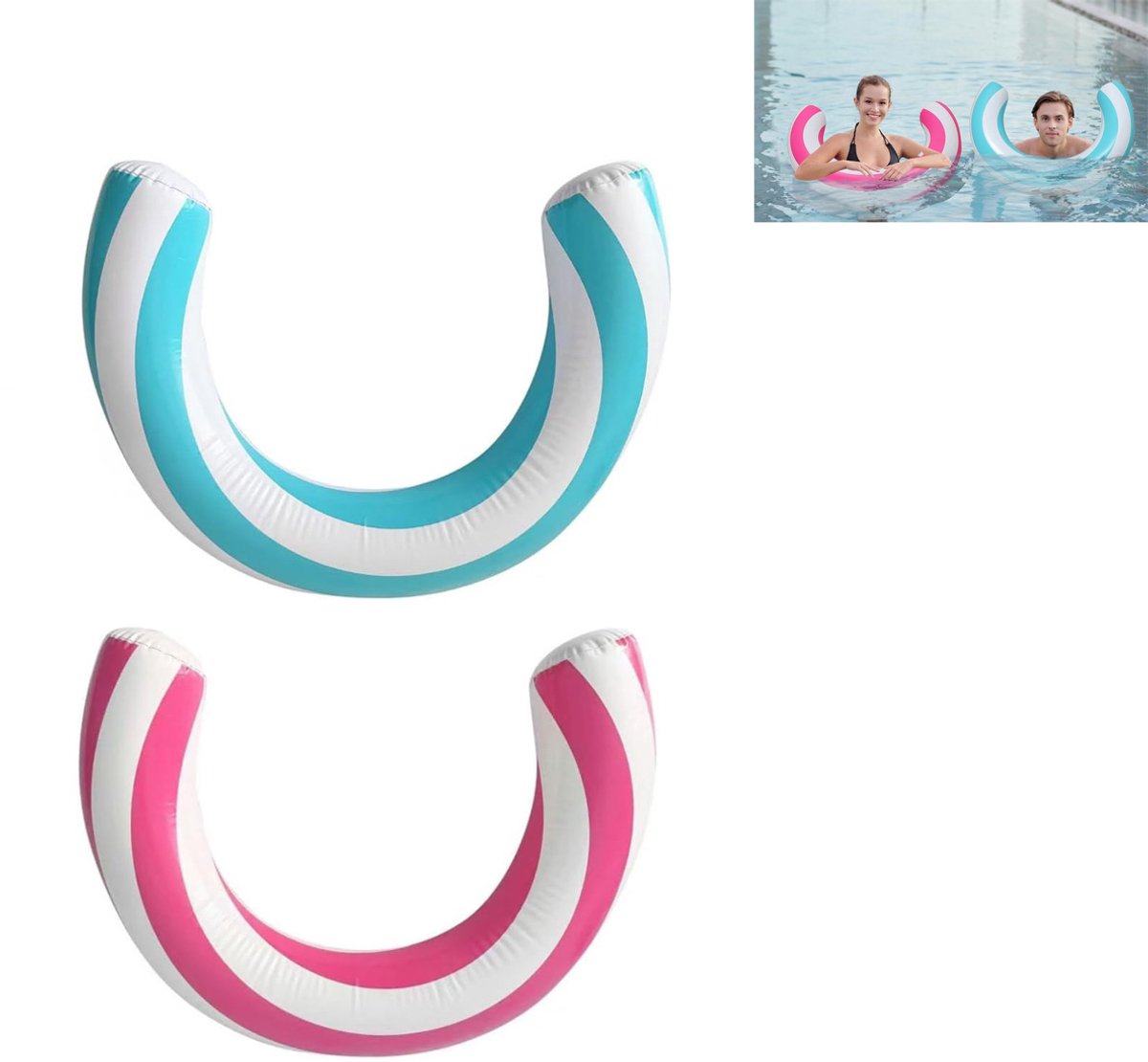 2-delige Gebogen zwembadmatrassen - Opblaasbare zwemband - U-Vormige Drijver - Zwembadaccessoire - Waterflotter - Comfortabel te gebruiken, goede drijfvermogen, geschikt voor recreatie - PVC - 60×75 cm - Voor Zwembad En Zomerfeest - Blauw,Roze