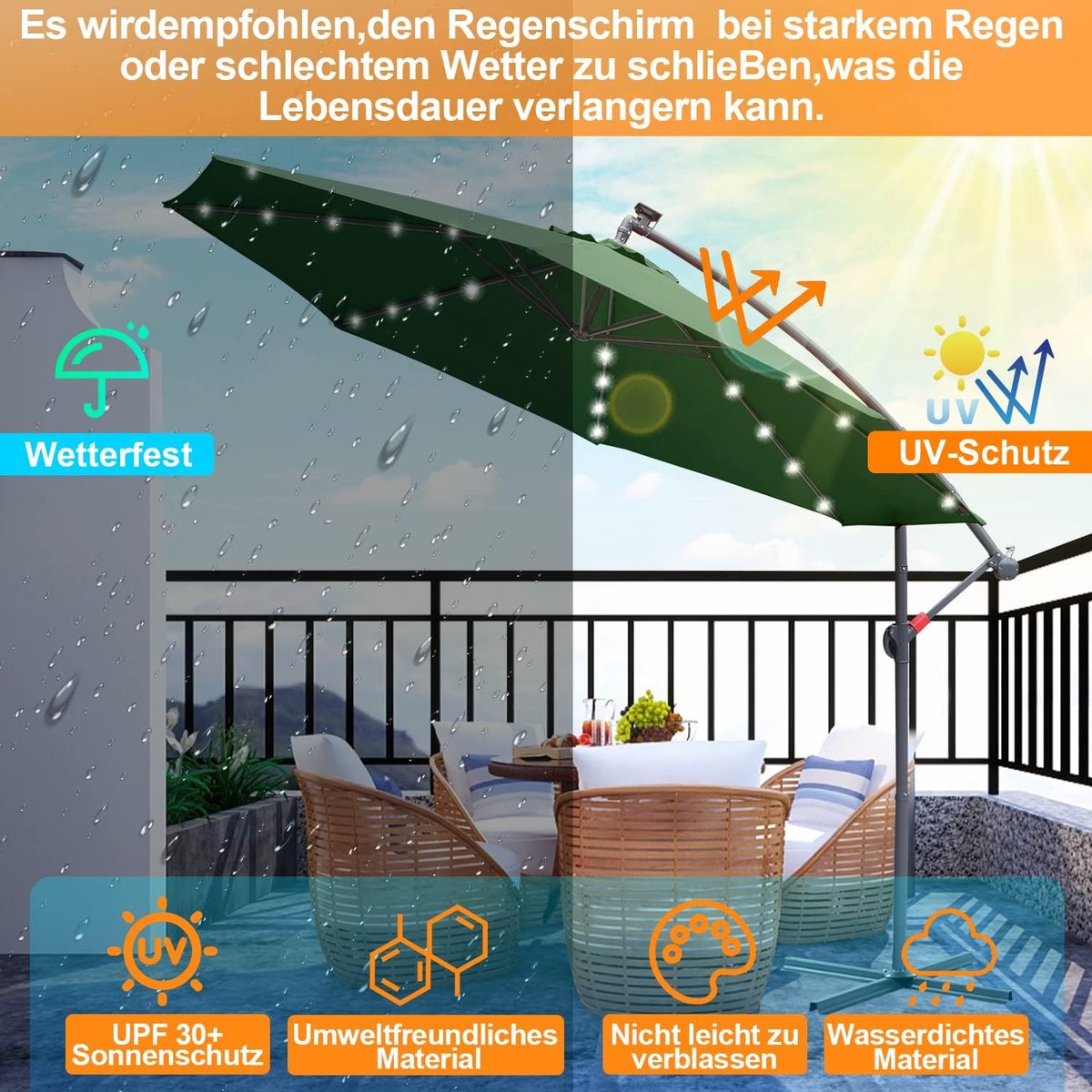 Zwevende parasol - Tuinparasol met led - Zonwering buiten - Zonne-energie verlichting - Diameter 350cm - Groen – foto 5