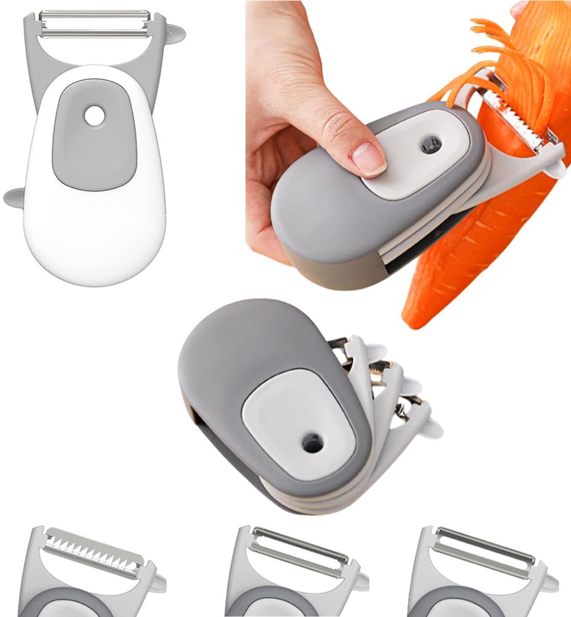 Ryoudavell - Multifunctionele 3-in-1 Peeler - Dunschiller voor Groente en Fruit - RVS Keukenhulp met Julienne Snijder en Kartelmes - Alles-in-een Keukengerei en Groentesnijder voor Aardappels - Compacte Dunschiller Roterend - Grijs Wit