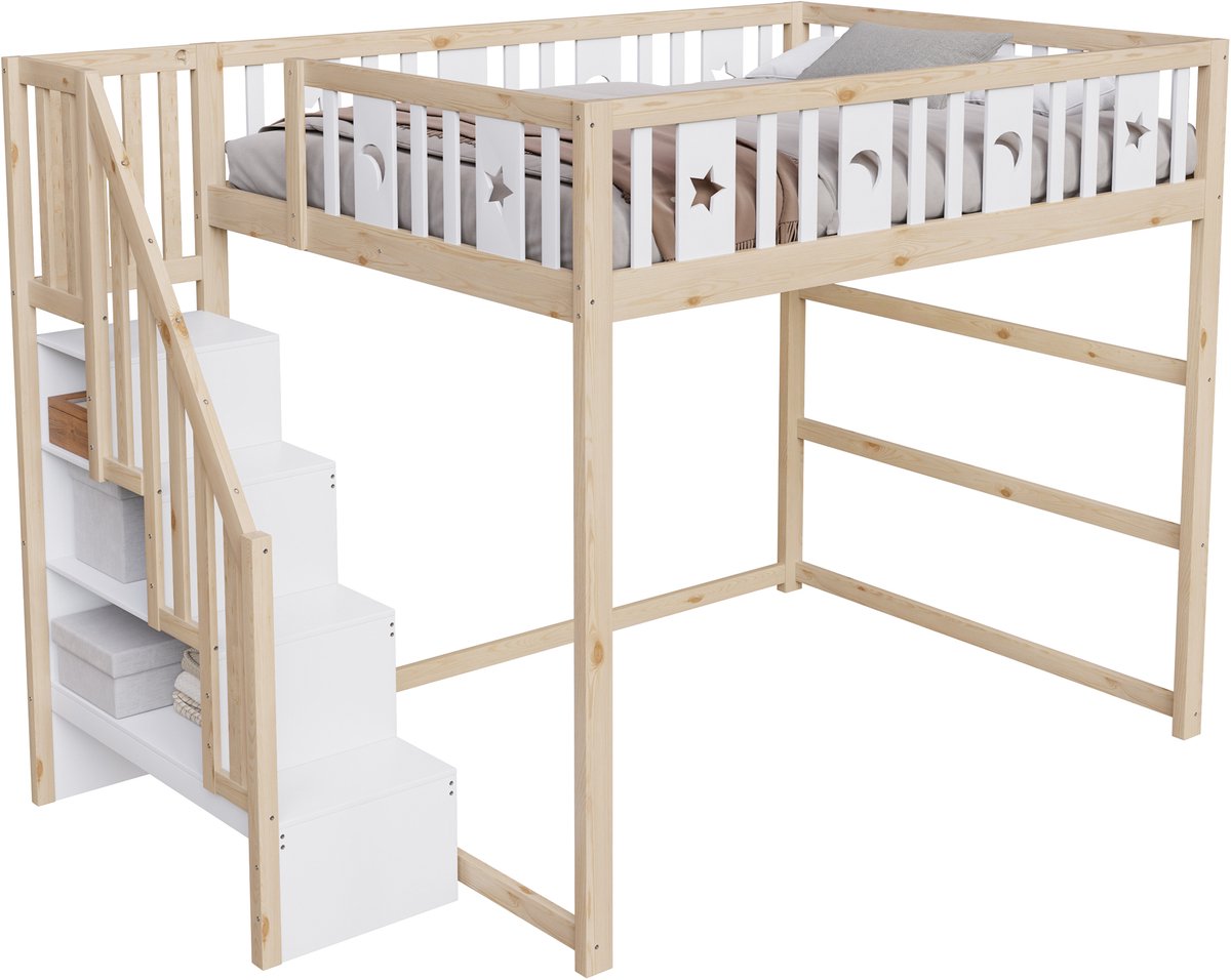 Merax Hoogslaper 140x200cm - kinderbed met ladder - met veiligheidsrek - sterren- en maandecoratie - zonder matras Houtkleur