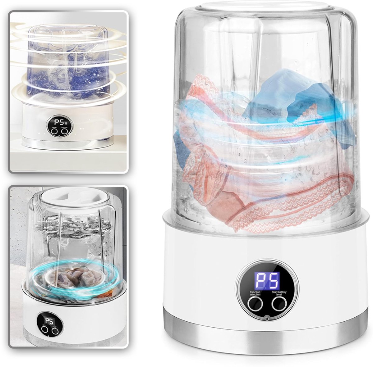 Draagbare Mini-Wasmachine Capaciteit 1 Liter - 360° Schrobben Oplaadbaar 3000 mAh 2 Timerinstellingen - Zacht Voor Babykleding Ideaal Voor Reizen Kamperen En Campers