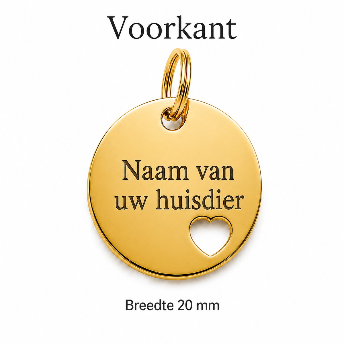 Gepersonaliseerde Hondenpenning Rond met Hartje - Kattenpenning / Huisdierpenning - Gegraveerde ID-tag met naam, telefoonnummer en adres - Dubbelzijdig RVS naamplaatje - Goud - 20 mm