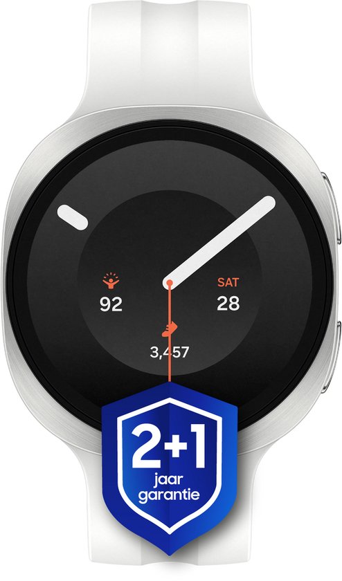 Montre Samsung Galaxy Watch 9 blanche avec un cadran noir et un bouclier de garantie bleu.
