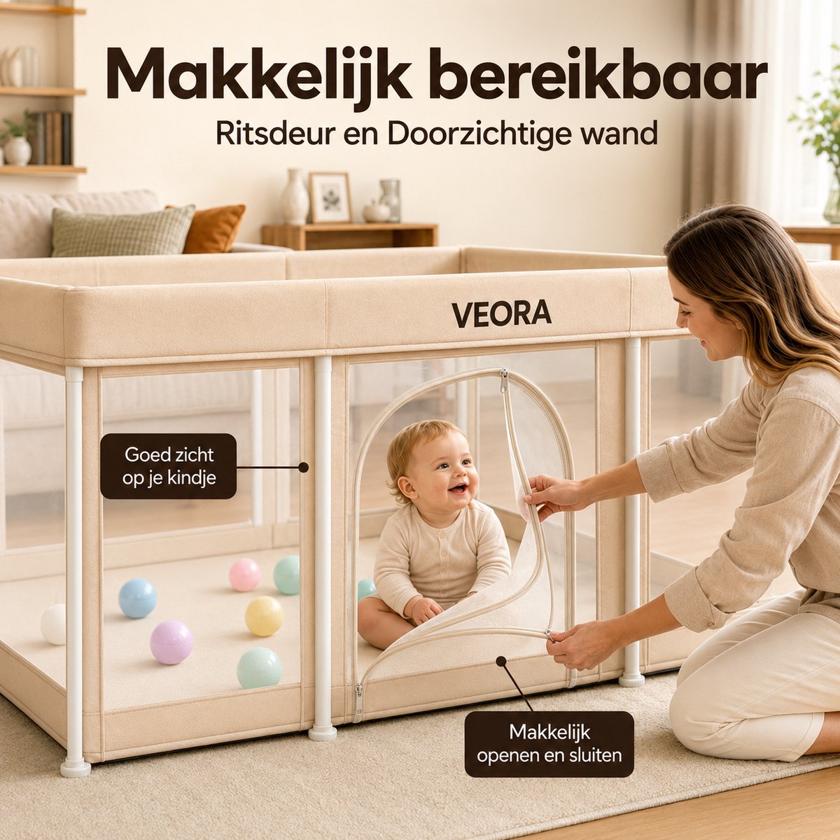 Veora® Inklapbare Grondbox Baby 120 x 180 cm - Inclusief 1 cm Speelmat, 50 Speelballen en Draagtas - Opvouwbare Babybox - Beige – foto 3