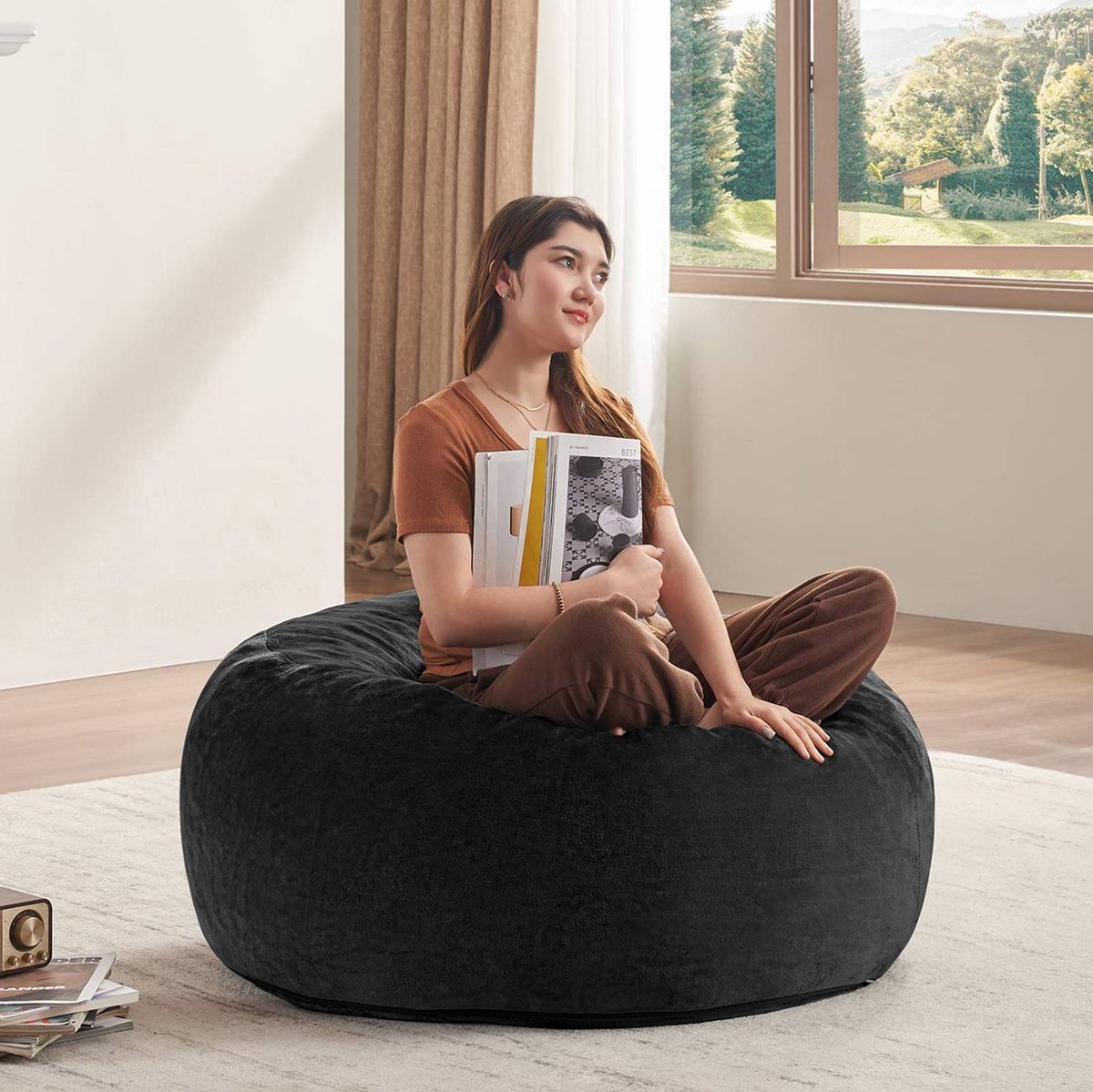 MODENUIT Zitzak 90 x 90 x 50 cm - Vormt Zich Naar Het Lichaam - Voor Slaapkamer En Balkon - Schuim Zwart
