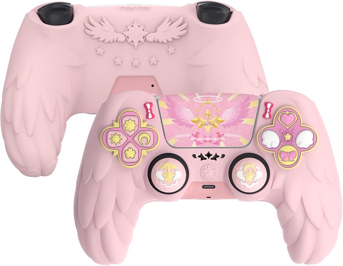 SnelShoppen - PlayVital Silikon Hoes voor PS5 Controller - Anti-Slip Grip Case met Thumbstick Caps & Stickers in Roze, Compatibel met Oplaadstation, M