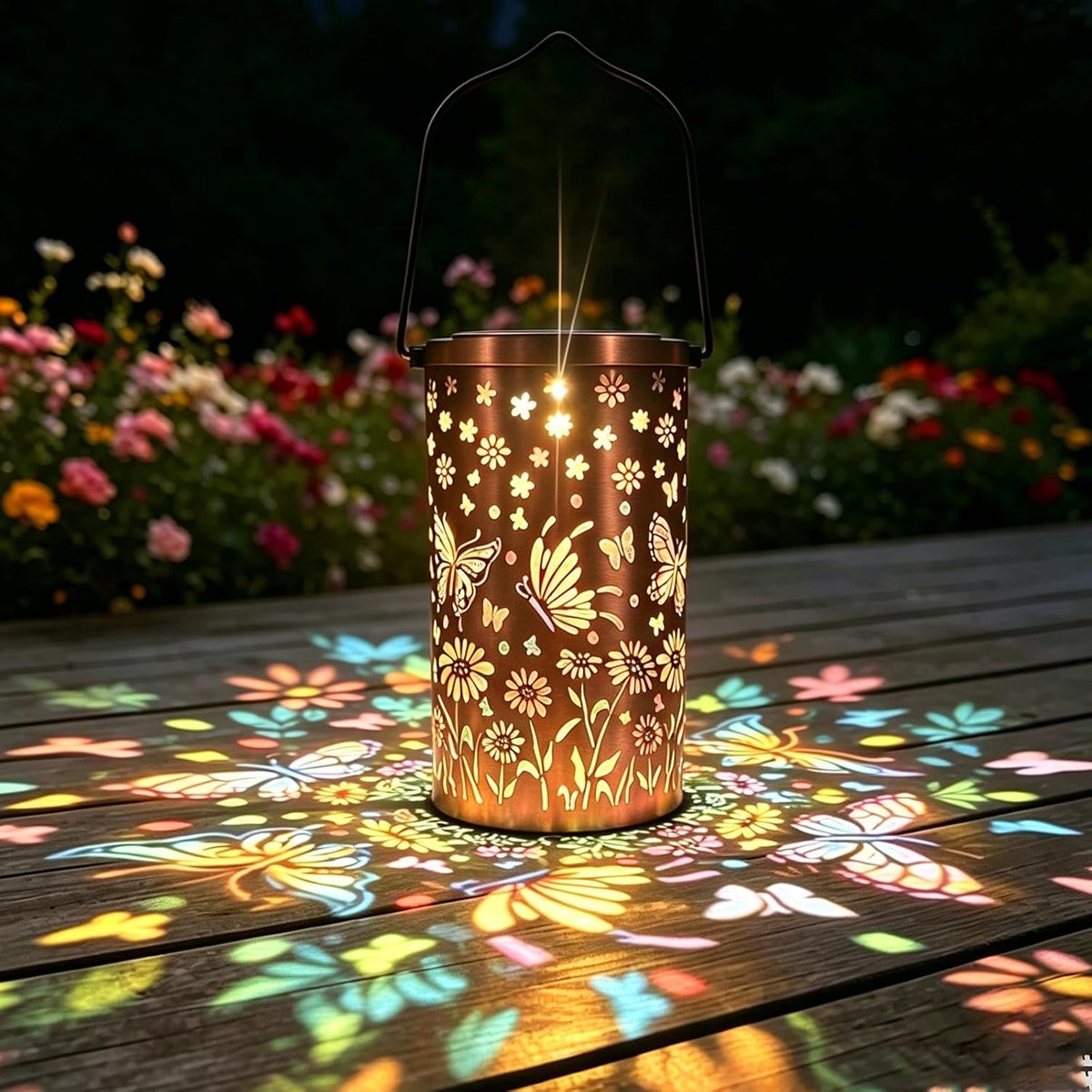 SnelShoppen - Kleurrijke Solar Lantaarn Buiten Waterdichte Solar Lampen Tuin Hangende Metalen Solar Lantaarns Met Kleurrijke Vlinder Silhouetten Tuinv