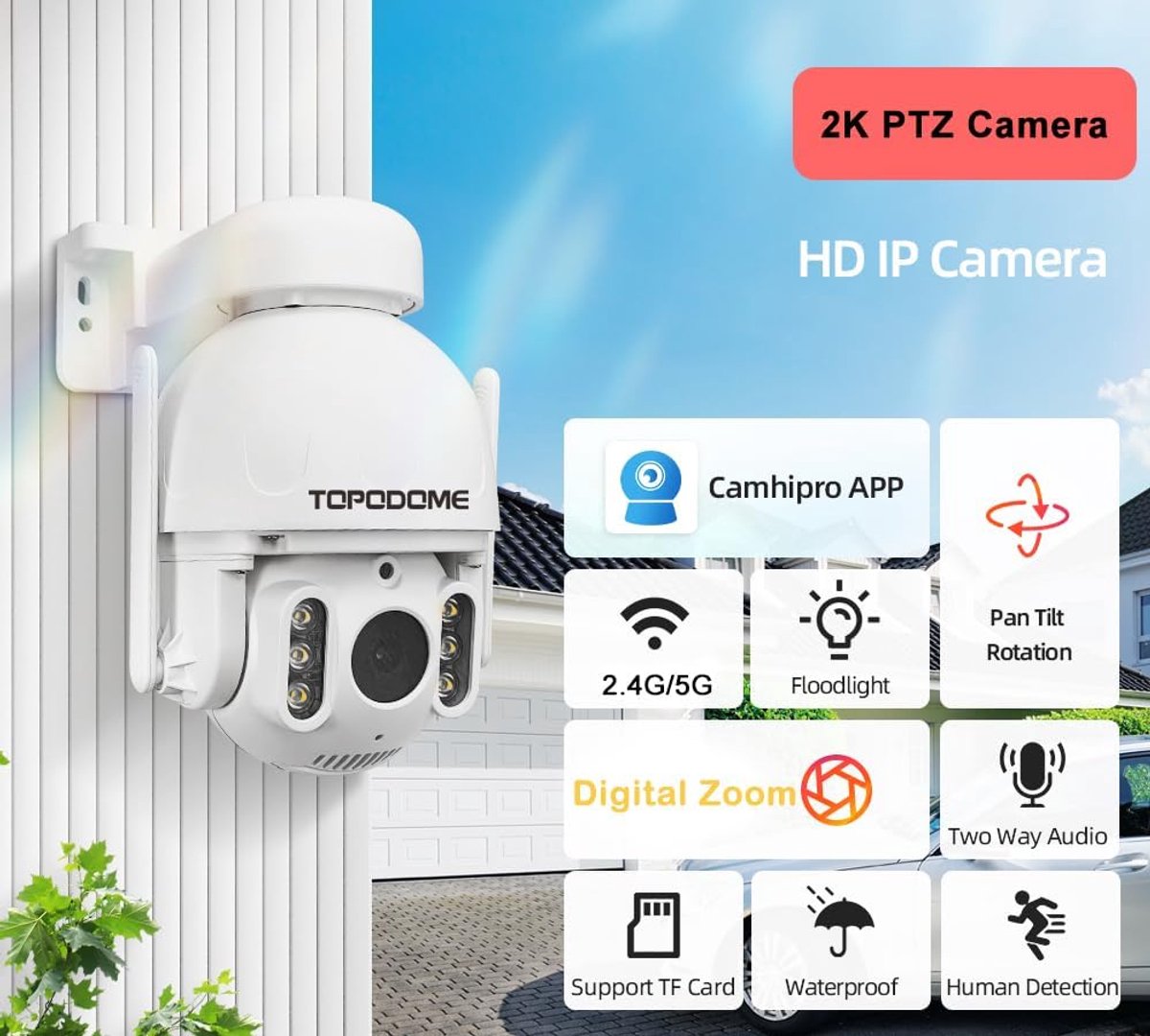 SnelShoppen - 2K PTZ WiFi Beveiligingscamera Buiten - 360° Kleur Nachtzicht - Automatische Tracking - IP66 Bescherming - RTSP Mens Alarm Voertuig - Pl