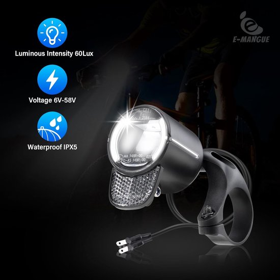 Led-fietslamp 60 lux met StVZO-goedkeuring en reflector voor e-bikes — afbeelding 3