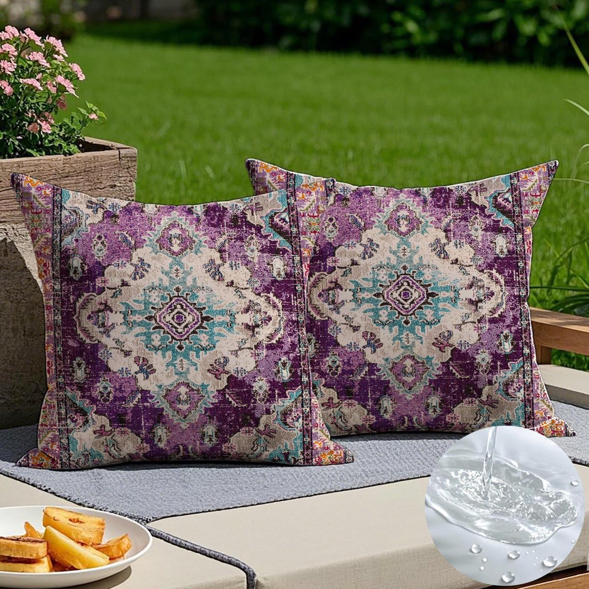 SnelShoppen - Set van 2 Weerbestendige Buiten Kussens 45x45 cm, Paarse Boho Decoratie, Vintage Kussenhoezen voor Tuin, Sofa, Slaapkamer, Perfect voor