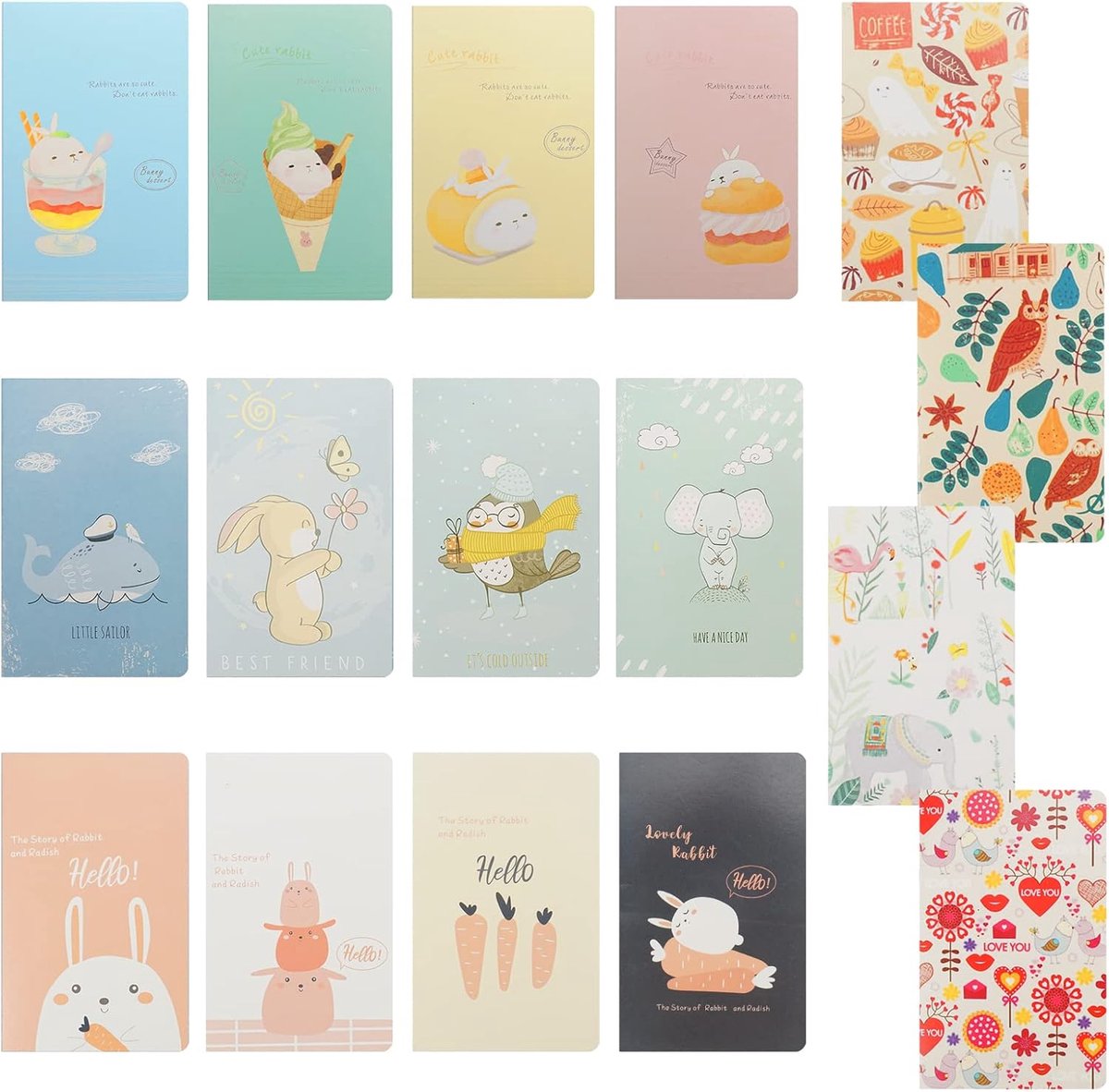 SnelShoppen - 16 Stuks Mini Journal Notebooks A7 Notepad 10.5 x 7 cm, Compact Pocket Notitieboekje met Schattige Cartoon Soft Cover, Perfect voor Curs