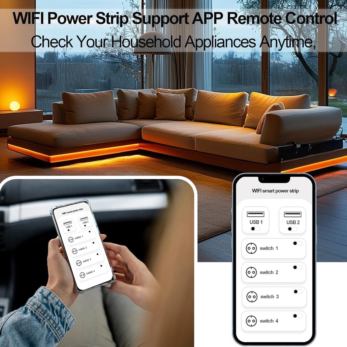 SnelShoppen - Slimme Stekkerdoos met Surge Bescherming, 2 Type-C Poorten, 20W Opladen, 2 USB-A, 220V 16A 3500W, Enkele Schakelaar, Compatibel met Alex
