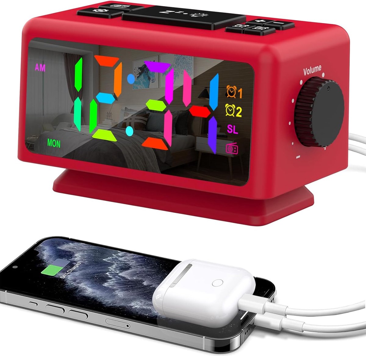 SnelShoppen - RGB Alarmklok Radio met 11 Kleuren Tijdweergave, 12 Niveaus Volume en Helderheid, Verstelbare Slaapsounds, 2 USB Oplaadpoorten, Rood