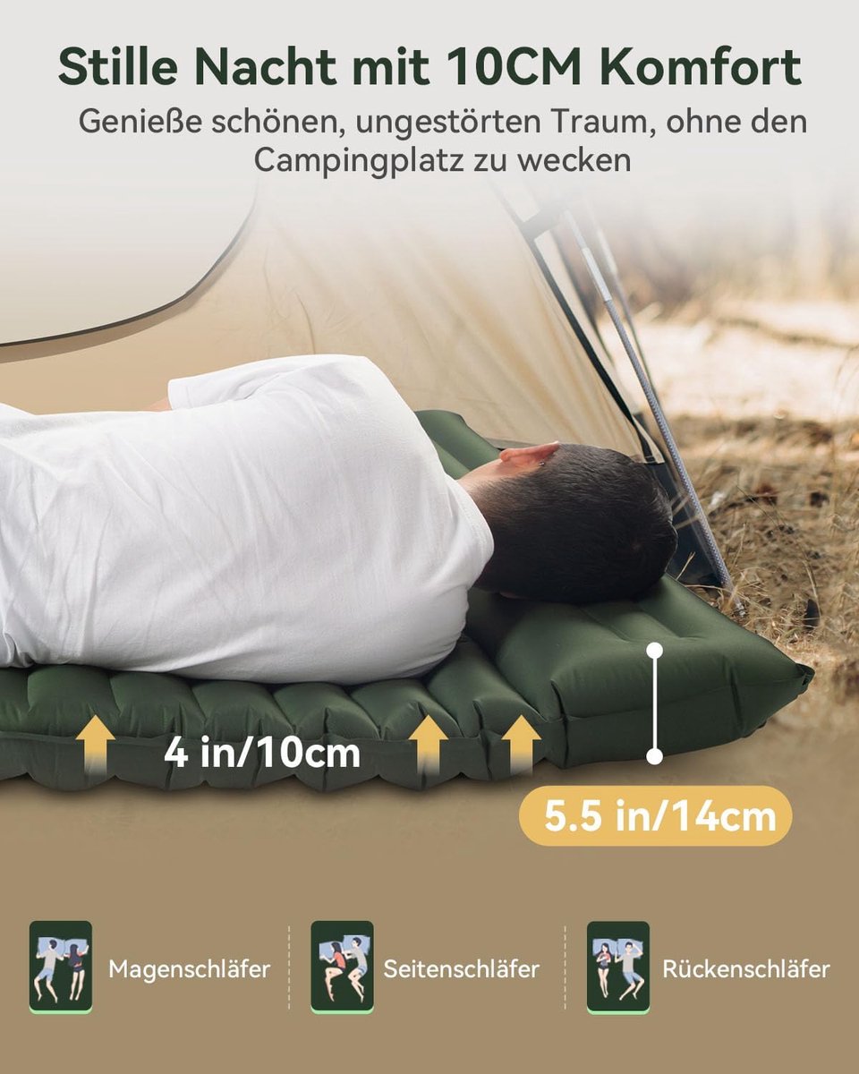 SnelShoppen - Camping Matras voor 2 Personen met Kussen 10 cm Dikke Inflatable Zelfopblazende Campingmat 140 x 200 cm met Voetpomp voor Kamperen, Outd