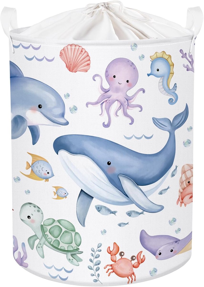 SnelShoppen - Vouwbare Kinderwasmand Zeewezens 63L - Blauw Walvis Motief - Grote Opbergmand voor Kleding, Speelgoed, Kinderen, Badkamer - Voor Jongens