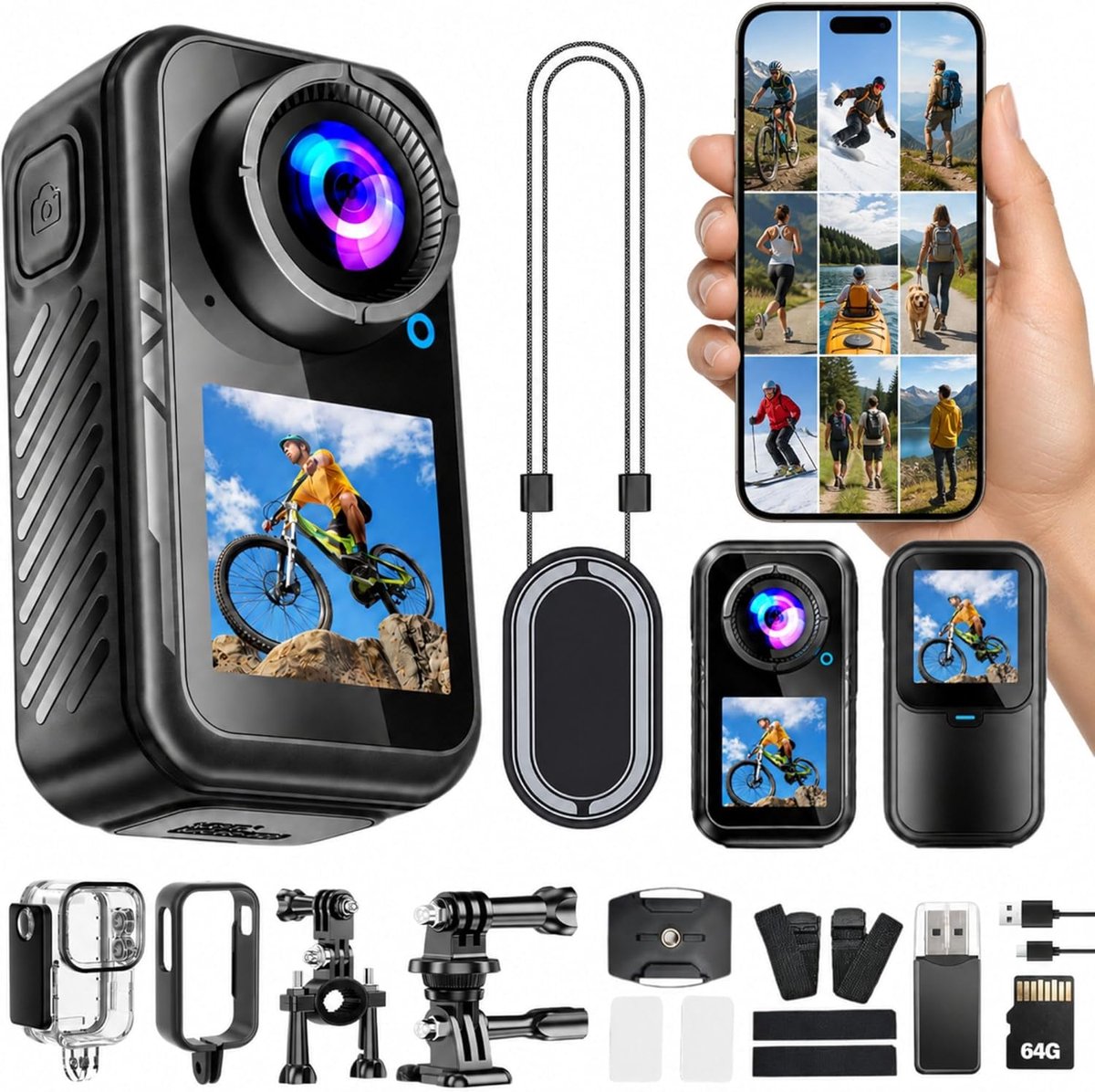 SnelShoppen - Action Camera Mini 4K Dual Touch Screen 64G Magnetisch Waterproof 130° Breedhoek Voor Motorfiets, Fietsen, Skiën, Zwemmen